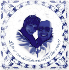 A photo of the Dutch tile with the photo of Armando and myself with the words, "Life is an adventure; enjoy the ride!!" that was featured on a KLM Royal Dutch Airline's Boeing 777-200 plane.