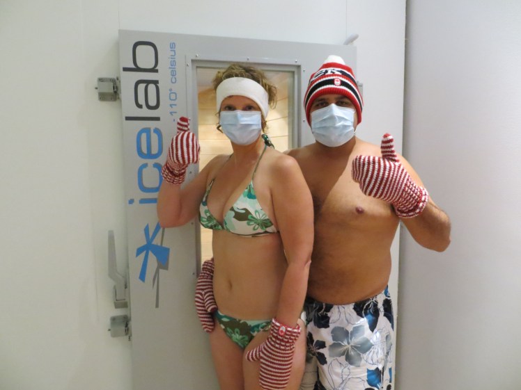 At the entrance of the Cold Sauna in a snazzy gear!