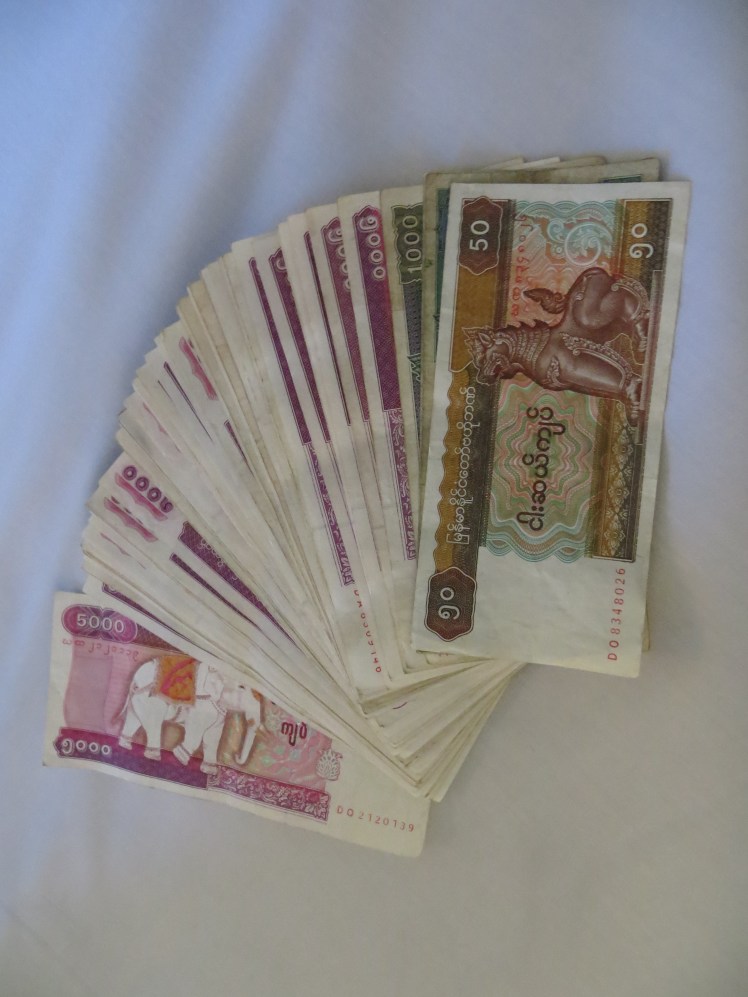 A stack of Kyats, Myanmar's local currency.  