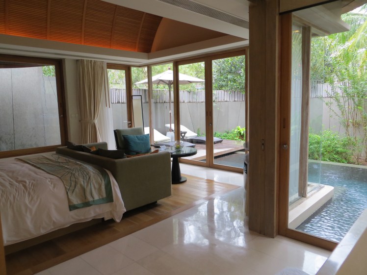 Our villa had our own private pool and patio.  It even had an outdoor shower and our indoor shower was fully surrounded by floor-to-ceiling windows  With high fences surrounding the villa for privacy.