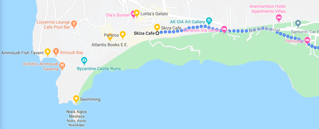 Google map walking route to Skiza Cafe if entering Oia from the Fira to Oia Hike with starred places of interest for the best 1-day Santorini itinerary.