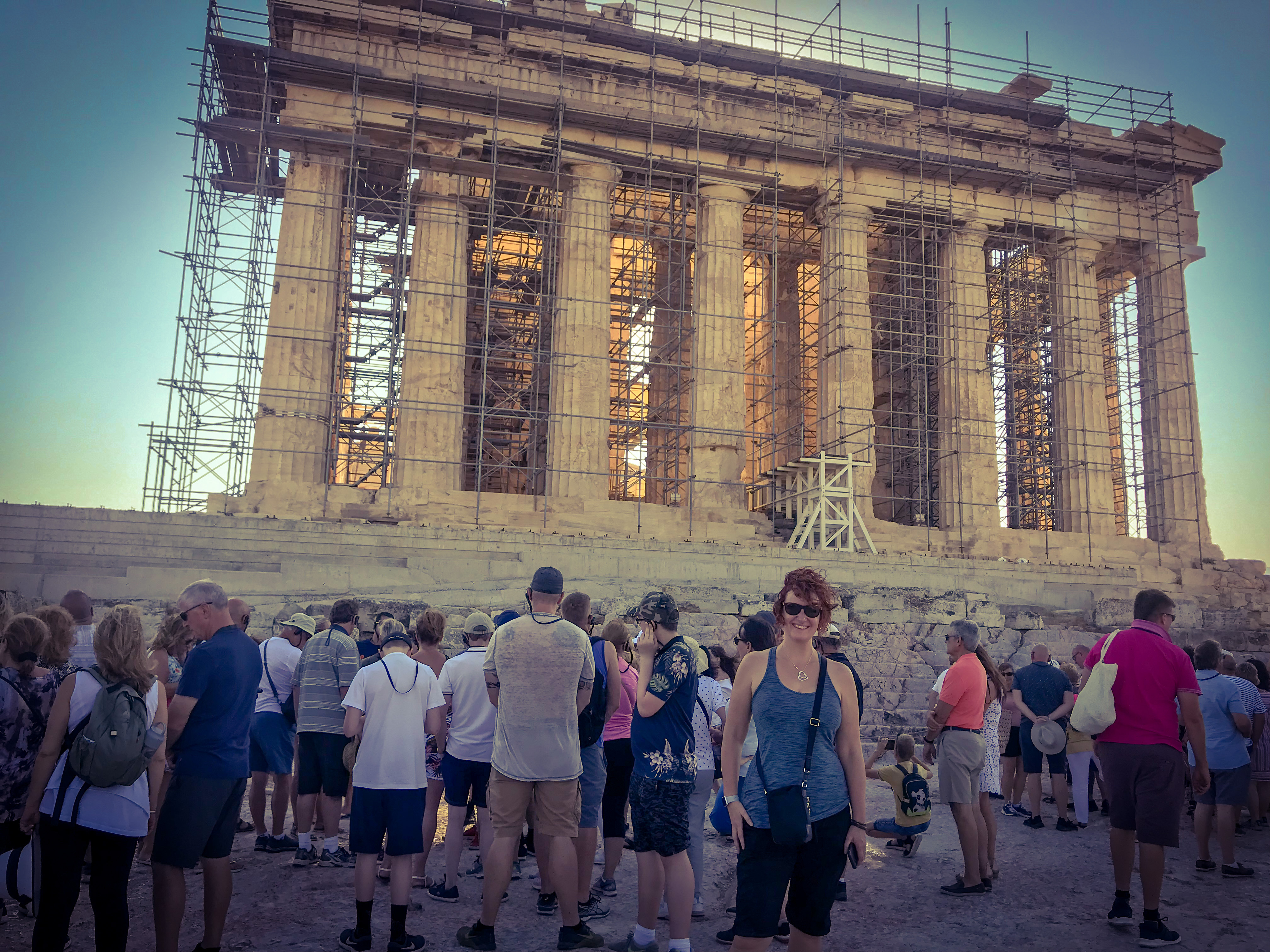 The Parthenon at the Acropolis in Athens, Greece at 9:02am where there is a crowd now forming.