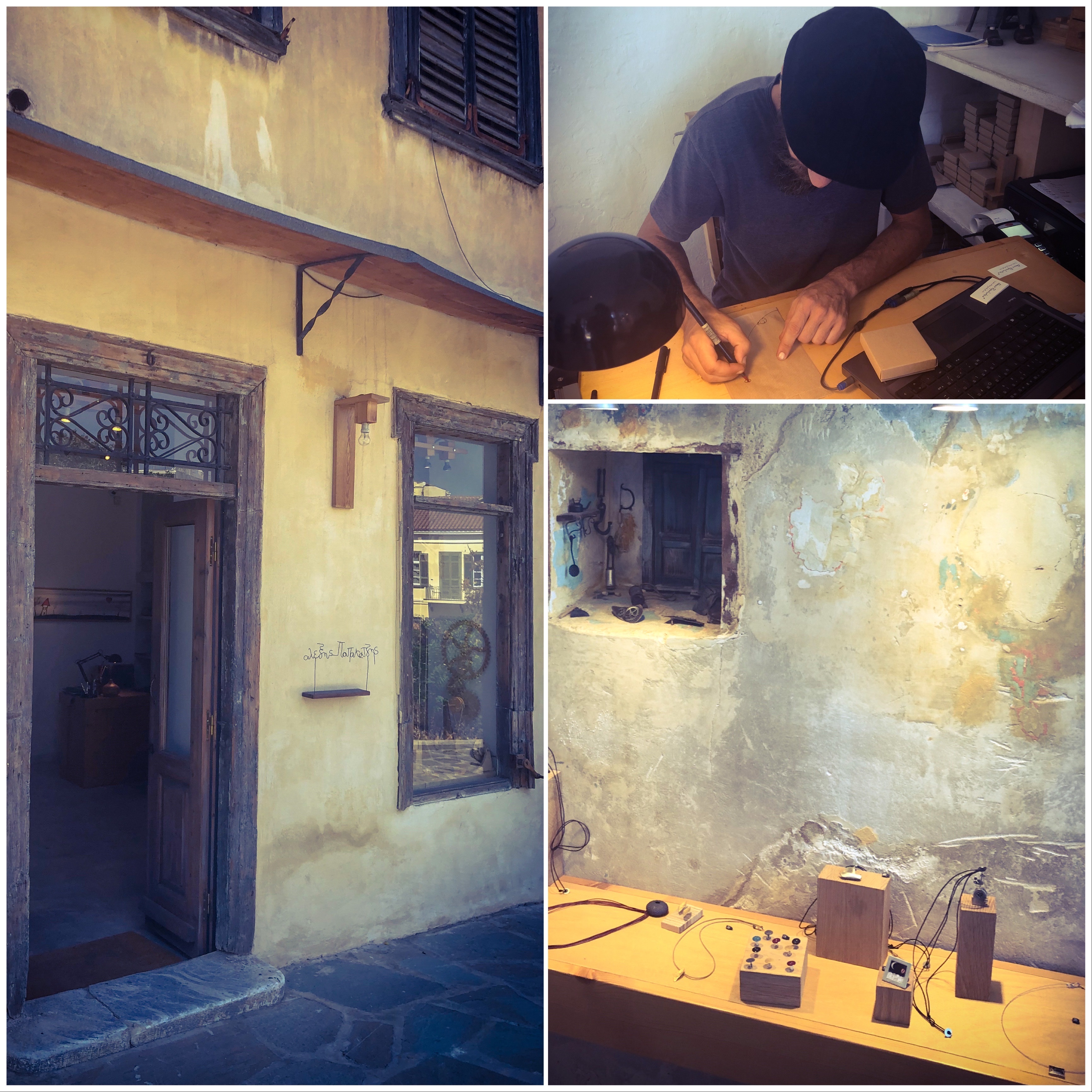 The entrance of Alexis Papachatzis's jewellery workshop, along with a display of his uniquely whimsical jewellery and the designer himself at work.